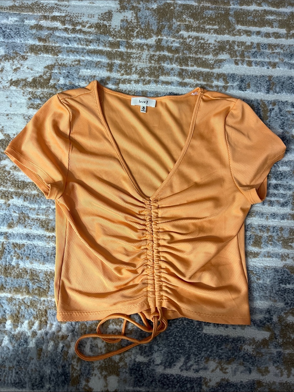 love J Peach-Orange Ruched V-Neck Crop Top